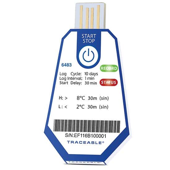 ONE™ Single-Use Refrigerated Transport USB Temperature Data Logger, 10 Day, 1 Minute Interval, 2 to 8°C; 10/Pk